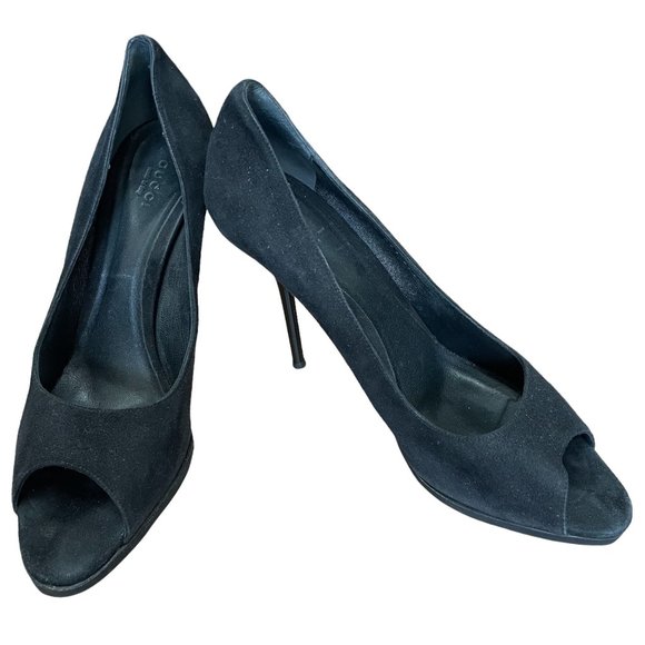 Gucci Black Suede Peep toe Heels Size 39.5 - Picture 1 of 12